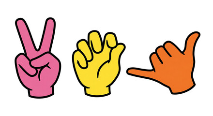 Fototapeta premium Bright cheerful colorful hand gestures illustration showing positive teamwork communication and friendly office catering event vibes with vibrant pink peace sign hand pointing towards yellow palm