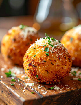 Sicilian arancini on rustic wooden board, golden crispy crust, parmesan dusting, fresh herbs, appetizing Italian snack, tasty food