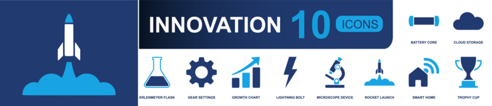 Innovation icon set. Containing battery core, cloud storage, lab flask, gear, growth chart, lightning bolt, microscope, rocket launch, smart home and more. Solid fill vector icons.