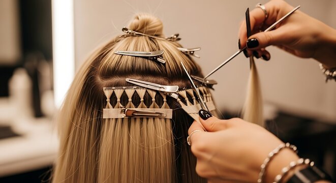Closeup of professional hair extension application in a salon setting