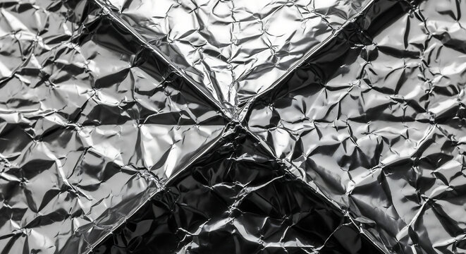 Highly reflective crinkled aluminum foil texture close up shot showcasing professional office catering preparation surface with sharp geometric folds perfect for food packaging presentation