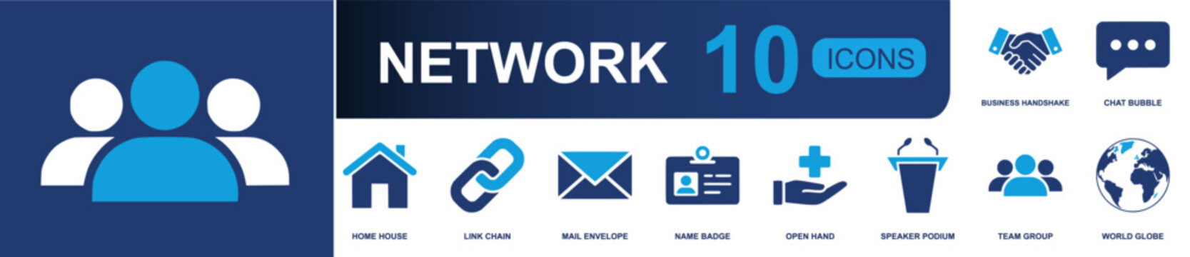 Network icon set. Containing business handshake, chat bubble, home house, link chain, mail envelope, name badge, open hand, speaker podium, team group and more. Solid fill vector icons.