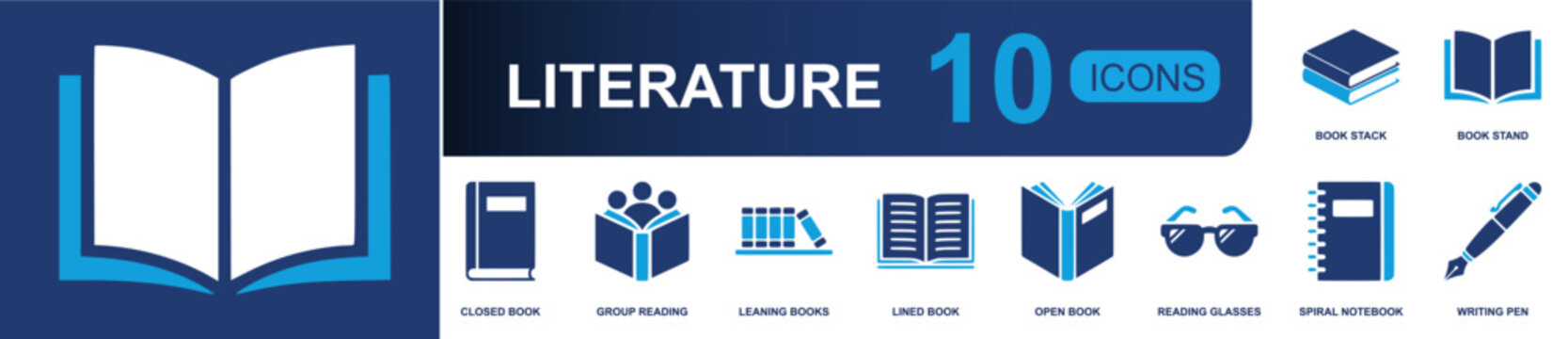 Literature icon set. Containing book stack, book stand, closed book, group reading, leaning books, lined book, open book, reading glasses, spiral notebook and more. Solid fill vector icons.