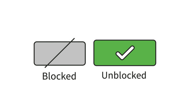 Blocked and Unblocked status icons. Grey button with diagonal line means blocked, green button with checkmark means unblocked.