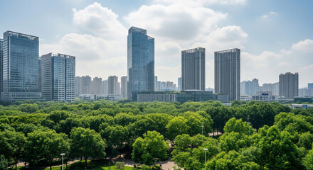 Fototapeta premium Modern City Skyline with Contemporary Skyscrapers Rising Above a Lush Green Urban Park on a Bright Sunny Day