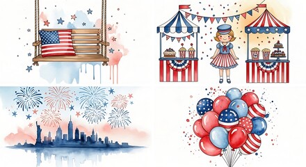 Obraz premium Set of watercolor illustrations for independence day celebration