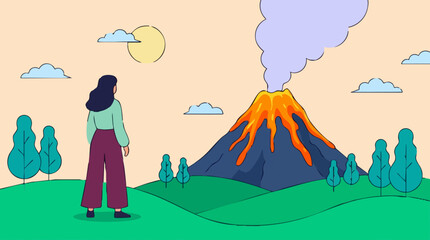 Woman stands on a hill observing an erupting volcano with lava flow © Artify