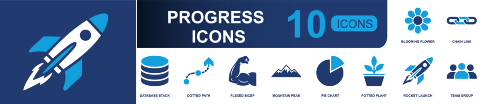 Progress icon set. Containing blooming flower, chain link, database stack, dotted path, flexed bicep, mountain peak, pie chart, potted plant, rocket launch and more. Solid fill vector icons.
