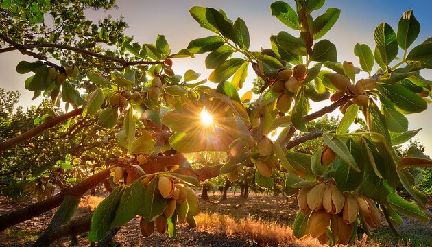 sunlight filters through the leaves highlighting the developing pistachio nuts on the branches this healthy pistachio tree thrives in a warm climate during the growing season