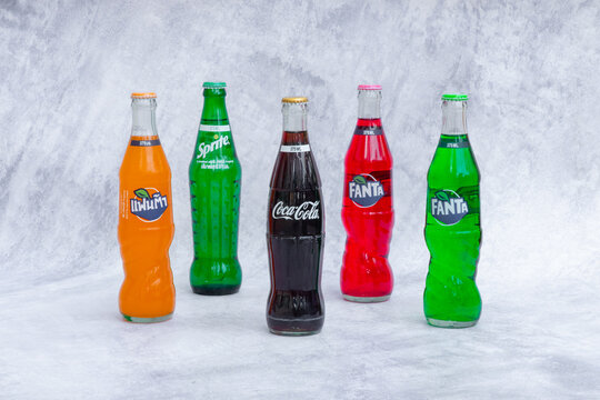 Bangkok-Thailand,March 17,2021:Popular Soft Drink Coke - Fanta - Sprite in a bottle showing shelves in the mini mart, Coca-Cola or Coke.Is an carbonated beverage produced by the Coca-Cola Company.