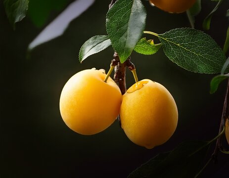 yellow plums hang from a branch with green leaves against a dark background the natural light highlights the fruit and leaves the scene shows the freshness of the plums