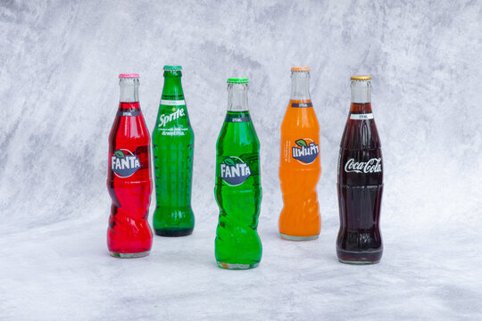 Bangkok-Thailand,March 17,2021:Popular Soft Drink Coke - Fanta - Sprite in a bottle showing shelves in the mini mart, Coca-Cola or Coke.Is an carbonated beverage produced by the Coca-Cola Company.