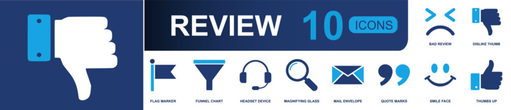 Review icon set. Containing bad review, dislike thumb, flag marker, funnel chart, headset device, magnifying glass, mail envelope, quote marks, smile face and more. Solid fill vector icons.