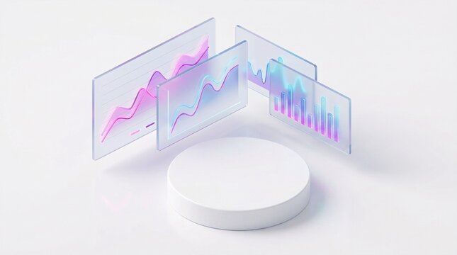 business analytics glowing data charts over empty presentation podium 3d render