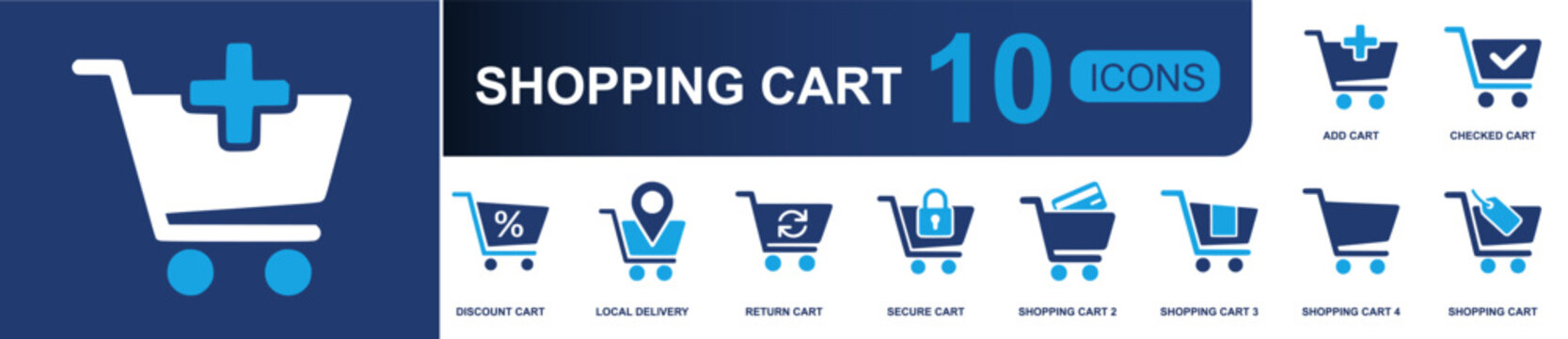 Shopping cart icon set. Containing add cart, checked cart, discount cart, location cart, return cart, secure cart, barcode cart, empty cart, sale cart and more. Solid fill vector icons.