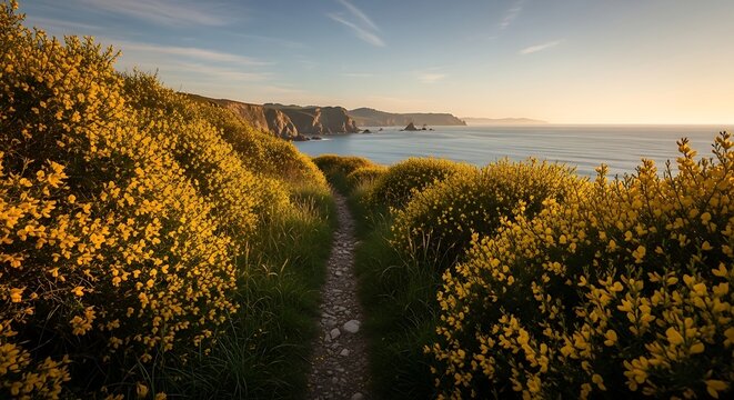 Scenic coastal path with yellow flowers overlooking the ocean at sunset