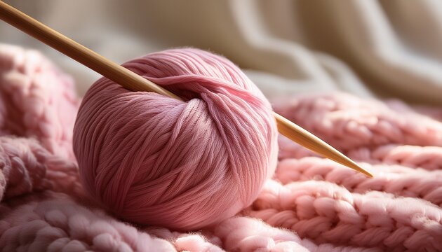 a ball of pink yarn sits on a thick textured blanket with a wooden knitting needle resting beside it during the afternoon the yarn is ready for crafting