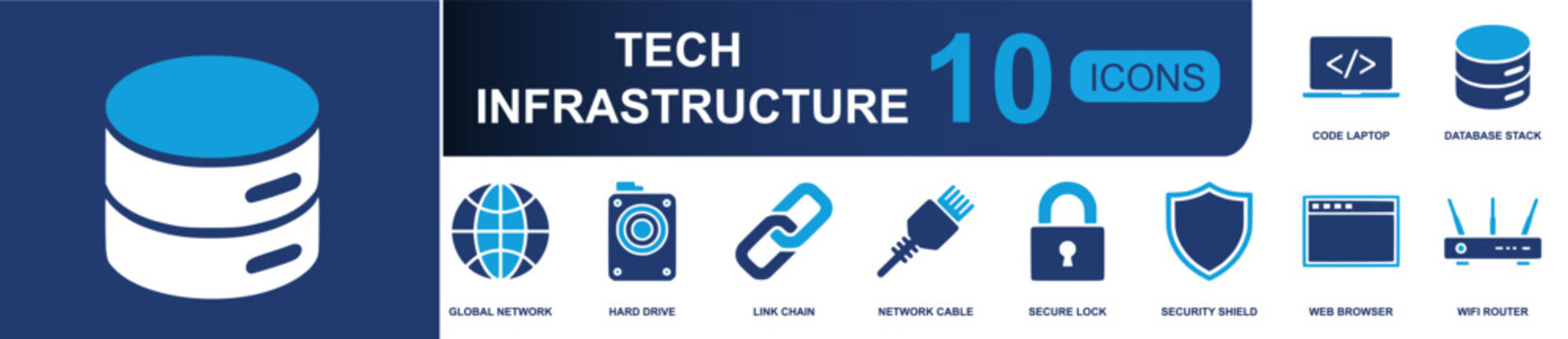 Tech infrastructure icon set. Containing code laptop, database stack, global network, hard drive, link chain, network cable, secure lock, security shield and more. Solid fill vector icons.