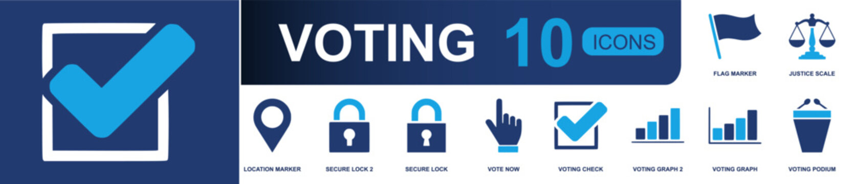 Voting and election icon set containing flag marker, justice scale, location marker, secure lock, vote hand, ballot check, voting graph, podium and more in solid fill vector icon style.