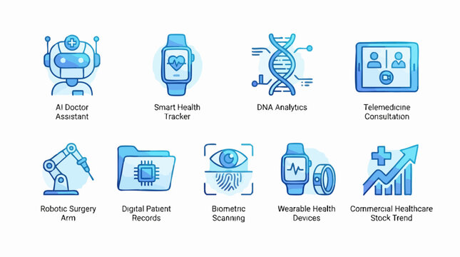 Future of Healthcare: Icons of medical and technological innovations symbolizing the future of healthcare. Showcasing telemedicine, AI doctor assistant, and digital health tech.