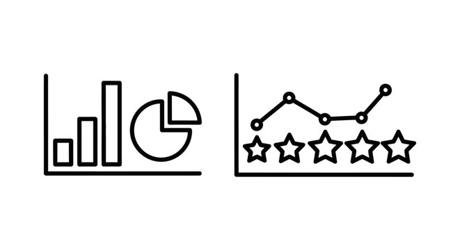 Data analytics charts and five star rating vector icons with analytics statistics business marketing evaluation feedback performance analysis measurement customer satisfaction illustration