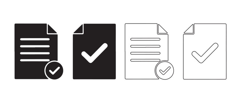 Four document icons with check marks in different styles and colors