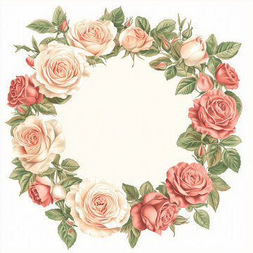 Roses in a circle with a blank space in the middle for writing. Copy space for text. Banner. White background. 