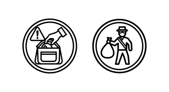 Warning signs for theft and pickpocketing security icons with pickpocketing security protection criminal stealing prohibited minimalist prevention activity vigilance
