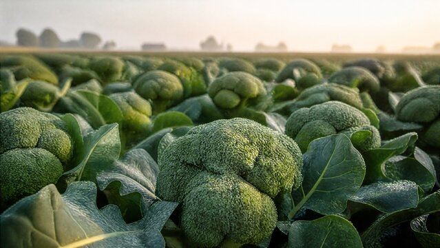 firmness. Vast field of green broccoli under soft morning sunlight with dew. gardening catalogs, home-decor guides, designed for home decor and floral branding, enhances decor appeal.