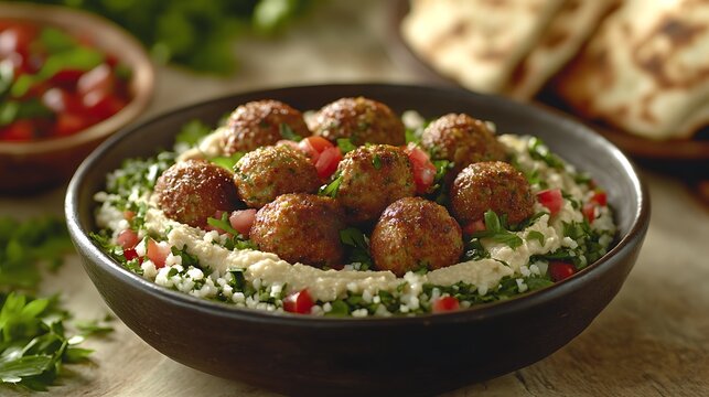 Delicious Mediterranean Meatballs with Hummus and Tabouli on a Wooden Table.