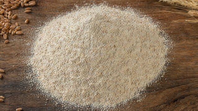 emmer. Coarsely ground emmer flour on a rustic wooden board, textured surface. menu design, packaging mockups, designed for food delivery and cloud-kitchen brand materials.