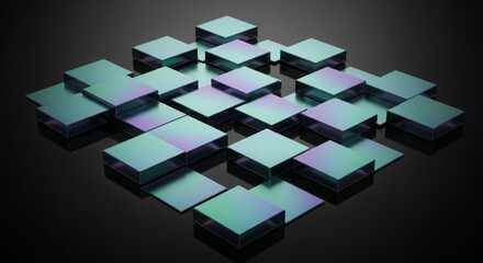 Fototapeta premium Iridescent Geometric Cubes Displaying Teal and Violet Hues in a Modern Abstract Pattern