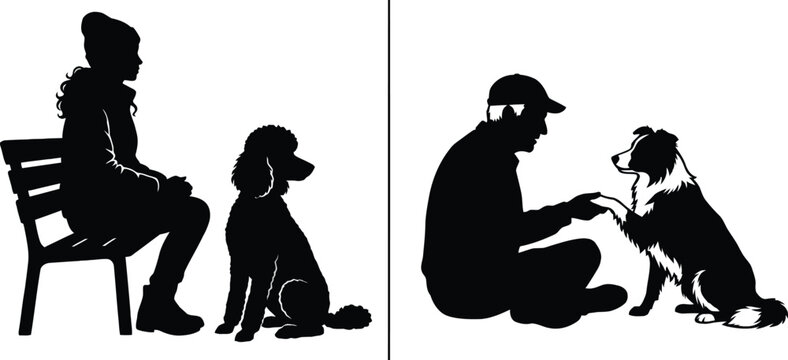 Silhouette of people and their dogs sitting