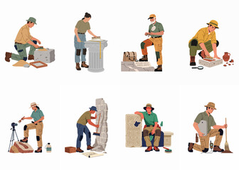 Set of professional archeologists cleaning and documenting ancient artifacts and fossils on an excavation site, flat vector illustration isolated on white background. © dewi
