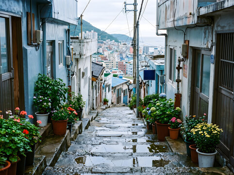 Busan Hillside Alley with Colorful Flower Pots and City View on Overcast Day