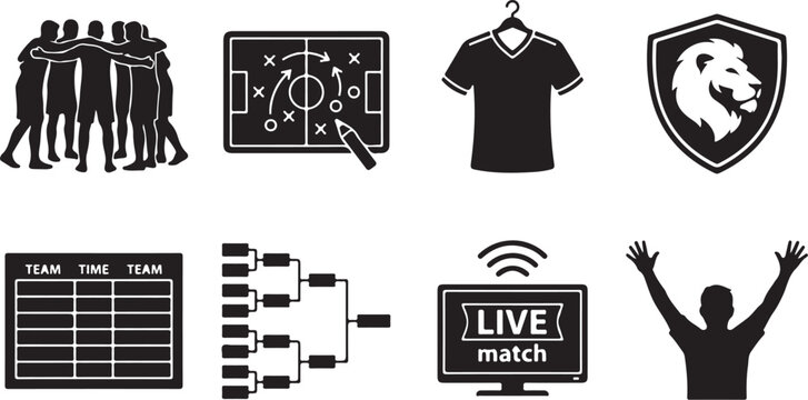 Sports icons, football symbols, athletic graphics, vector set
