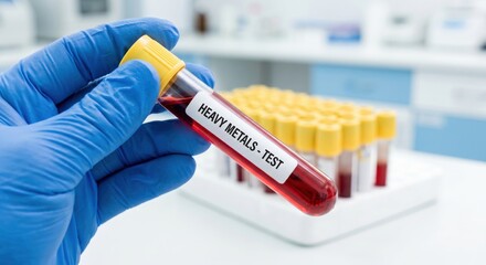 Fototapeta premium Blood sample tube labeled heavy metals test in laboratory, close up of medical toxicology analysis and laboratory diagnostics concept