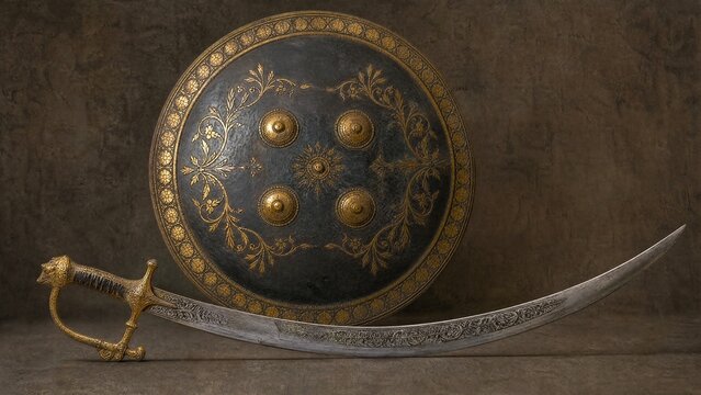 rajput. Traditional Rajput curved sword and shield with detailed metalwork on textured background. event programs, museum guides, designed for cultural heritage projects and event programs.