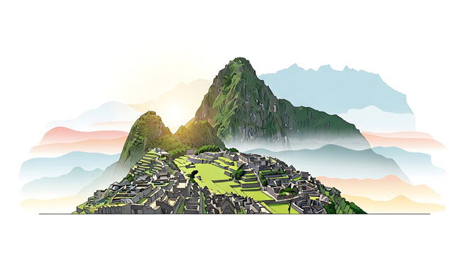 Illustration of machu picchu ancient inca citadel in peru with mountain landscape at sunrise