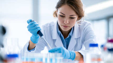 Fototapeta premium Female Scientist Conducting Experiment in Modern Science Laboratory – STEM Researcher Using Laboratory Equipment for Medical and Biology Innovation