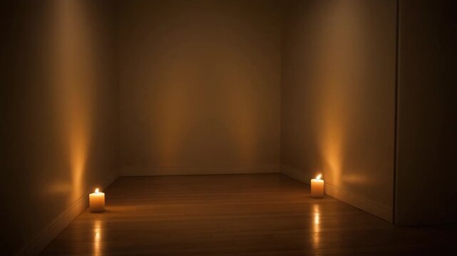 Two lit candles casting warm light on wooden floor and walls