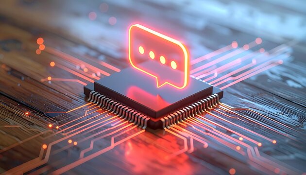 Glowing neon chat bubble icon on a central processing unit chip with illuminated circuits, symbolizing digital communication and technology