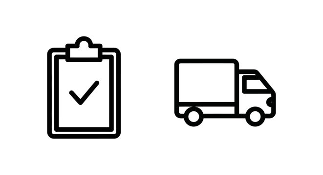 Order checklist and delivery truck icon set with checklist delivery shipping logistics transport clipboard business transportation dispatch management commercial fulfillment tracking