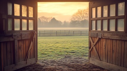 Fototapeta premium Open Barn Doors Overlooking a Misty Golden Hour Meadow at Sunrise.