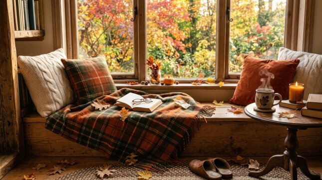 A cozy window seat is filled with autumnal warmth. A person is relaxing on a plush bench, enveloped in a plaid blanket and pillows. A steaming mug of coffee 