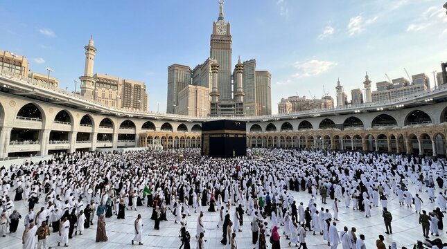 Thousands of muslim pilgrims gather around the holy kaaba in mecca for prayer during a sunny day in this high angle photograph showing the grandeur of the sacred city skyline