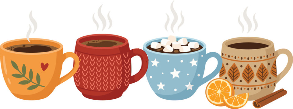Set of Cozy Winter Hot Chocolate and Coffee Mugs with Marshmallows, Cinnamon, and Orange for Christmas Holiday Season, Hygge Lifestyle, and Festive Warm Beverage Designs