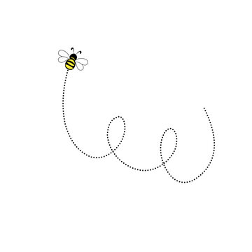 Bee on dotted route, bumblebee fly on dotted line path. Vector ilustration