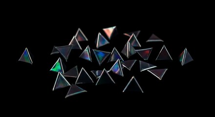 Obraz premium Scattered Iridescent Triangular Geometric Shapes with Reflected Light Against a Dark Background