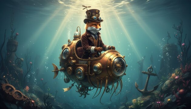 Fashionable fox explores the ocean depths in a stunning steampunk bathyscaphe